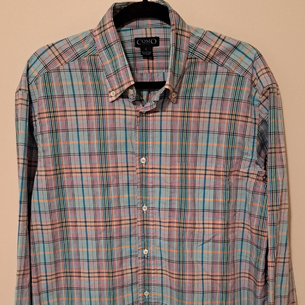 Como Sport Multi Colored Casual Plaid Button Down Shirt. Made In Italy. Large.